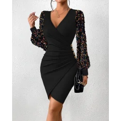 Kadın Uzun Kollu Pul Payetli Kruvaze Yaka Yandan Düğmeli Kısa Ithal Krep Elbise