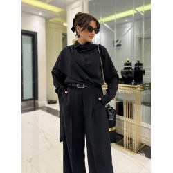 Kadın Uzun Kollu şal Detaylı Bluz Ve Pantolon Kemer Dahil Ikili Takım