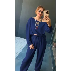 Kadın Uzun Kollu Tek Omuzdan Açık Viskon Iki Iplik Bluz Ve Pantolon Ikili Takım