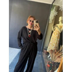 Kadın Uzun Kollu Tek Omuzdan Açık Viskon Iki Iplik Bluz Ve Pantolon Ikili Takım