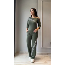 Kadın Uzun Kollu Truvakar Kol Tek Omuz çapraz şerit Detaylı Ribanalı Viskon Iki Iplik Bluz Ve Pantolon Ikili Takım