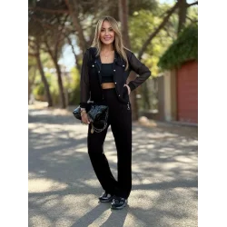 Kadın Uzun Kollu Tül Detaylı önü Düğmeli Viskon Iki Iplik Ceket Ve Pantolon Ikili Takım