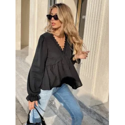 Kadın Uzun Kollu V Dantel Yaka Aerobin Bluz