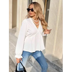 Kadın Uzun Kollu V Dantel Yaka Aerobin Bluz