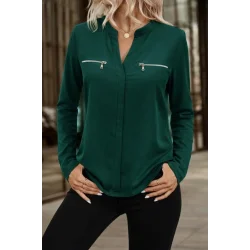 Kadın Uzun Kollu V Hakim Yaka Fermuar Detaylı Viskon Bluz