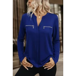 Kadın Uzun Kollu V Hakim Yaka Fermuar Detaylı Viskon Bluz