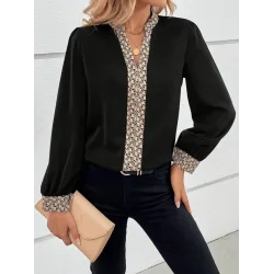 Kadın Uzun Kollu V Hakim Yakalı Desenli Ithal Krep Bluz