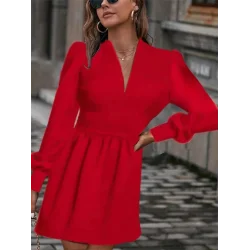 Kadın Uzun Kollu V Yaka Belden Hafif Pileli Scuba Krep Mini Boy Elbise