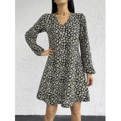 Kadın Uzun Kollu V Yaka çiçek Desenli Helen Kumaş Elbise