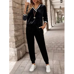 Kadın Uzun Kollu V Yaka Kadife Bluz Ve Pantolon Ikili Takım