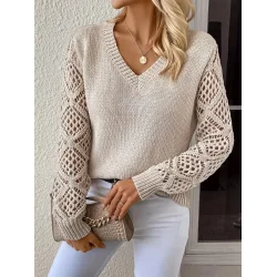 Kadın Uzun Kollu V Yaka Kol Delikli Baklava Desen Detaylı Triko Kazak