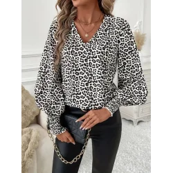 Kadın Uzun Kollu V Yaka Kollar Gipe Detaylı Leopar Desenli Süprem Bluz