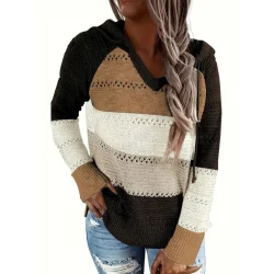 Kadın Uzun Kollu V Yakalı Bağcıklı Kapşonlu Triko Bluz