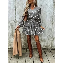 Kadın Uzun Kollu V Yakalı Belden Kuşaklı Puantiyeli Mini Modal Elbise