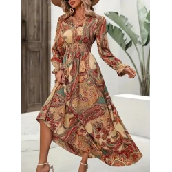 Kadın Uzun Kollu V Yakalı Beli Lastikli Desenli Süprem Elbise