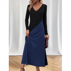 Kadın Uzun Kollu V Yakalı Blok Desenli Viskon Elbise