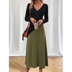 Kadın Uzun Kollu V Yakalı Blok Desenli Viskon Elbise