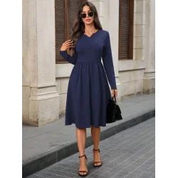 Kadın Uzun Kollu V Yakalı Cepli Midi Ithal Krep Elbise