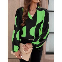 Kadın Uzun Kollu V Yakalı Desenli Modal Bluz