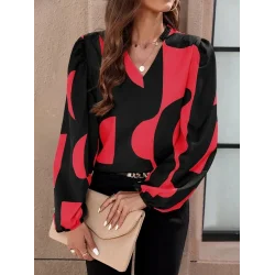 Kadın Uzun Kollu V Yakalı Desenli Modal Bluz