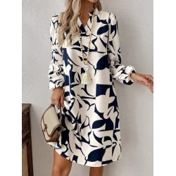 Kadın Uzun Kollu V Yakalı Desenli Modal Mini Elbise