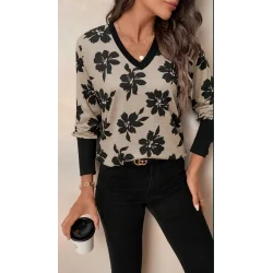 Kadın Uzun Kollu V Yakalı Desenli Süprem Bluz