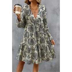 Kadın Uzun Kollu V Yakalı Fırfırlı Mini Süprem Elbise