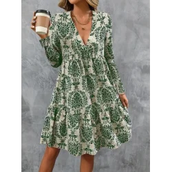 Kadın Uzun Kollu V Yakalı Fırfırlı Mini Süprem Elbise