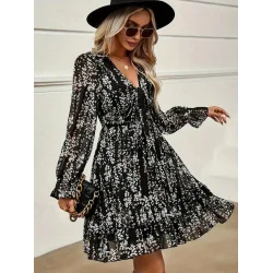 Kadın Uzun Kollu V Yakalı Fırfırlı Ve Bağcıklı şifon Mini Elbise