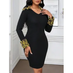 Kadın Uzun Kollu V Yakalı Kürk Detaylı Kaşkorse Elbise