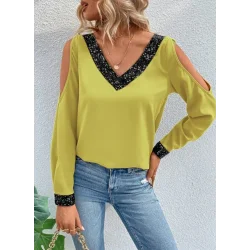 Kadın Uzun Kollu V Yakalı Omuzlardan Açık Sandy Bluz