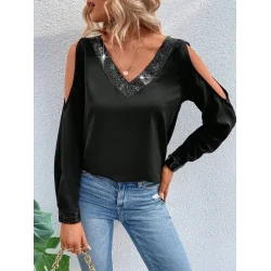 Kadın Uzun Kollu V Yakalı Omuzlardan Açık Sandy Bluz