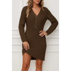 Kadın Uzun Kollu V Yakalı önden Düğmeli Kısa Triko Elbise