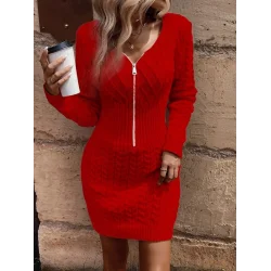 Kadın Uzun Kollu V Yakalı önden Fermuarlı Kısa Triko Elbise