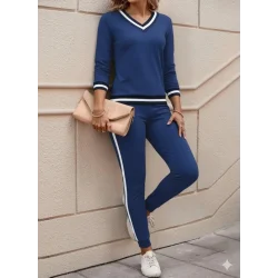 Kadın Uzun Kollu V Yakalı Ribanalı Viskon Iki Iplik Bluz Ve Pantolon Ikili Takım