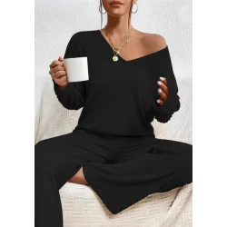 Kadın Uzun Kollu V Yakalı şardonlu Kaşkorse Bluz Ve Pantolon Ikili Takım