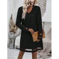 Kadın Uzun Kollu V Yakalı Tül şerit Detaylı Mini Krep Elbise