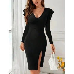 Kadın Uzun Kollu V Yakalı Yandan Yırtmaçlı Midi Ithal Krep Elbise