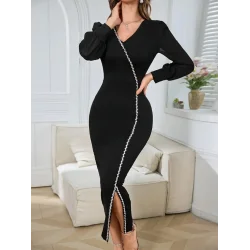 Kadın Uzun Kollu V Yakalı Yırtmaçlı Taşlı Uzun Ithal Krep Elbise