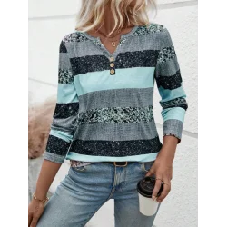 Kadın Uzun Kollu Yakadan Düğmeli çizgili Desenli Süprem Bluz