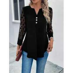 Kadın Uzun Kollu Yakadan Düğmeli Kolları Tül Detaylı Viskon Bluz