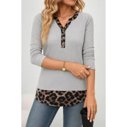 Kadın Uzun Kollu Yakadan Düğmeli Leopar Detaylı Kaşkorse Bluz