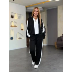 Kadın Uzun Kollu Yakadan Fermuarlı Viskon Iki Iplik Bluz Ve Pantolon Ikili Takım