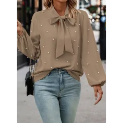 Kadın Uzun Kollu Yakadan Fiyonklu Incili Ithal Krep Bluz