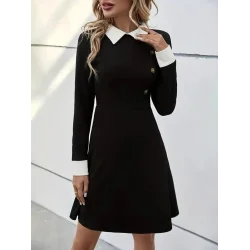 Kadın Uzun Kollu Yakalı A Kesim Kısa Ithal Krep Elbise