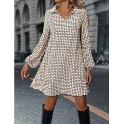Kadın Uzun Kollu Yakalı Desenli Mini Modal Elbise