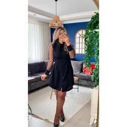 Kadın Uzun Kollu Yakalı Düğmeli Mini Ithal Krep Elbise