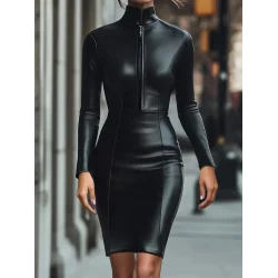 Kadın Uzun Kollu Yakalı Fermuarlı Mini Deri Elbise