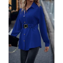 Kadın Uzun Kollu Yakalı önden Düğmeli Belden Kemerli Ithal Krep Bluz