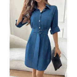 Kadın Uzun Kollu Yakalı önden Düğmeli Beli Kuşaklı Mini Ithal Keten Elbise